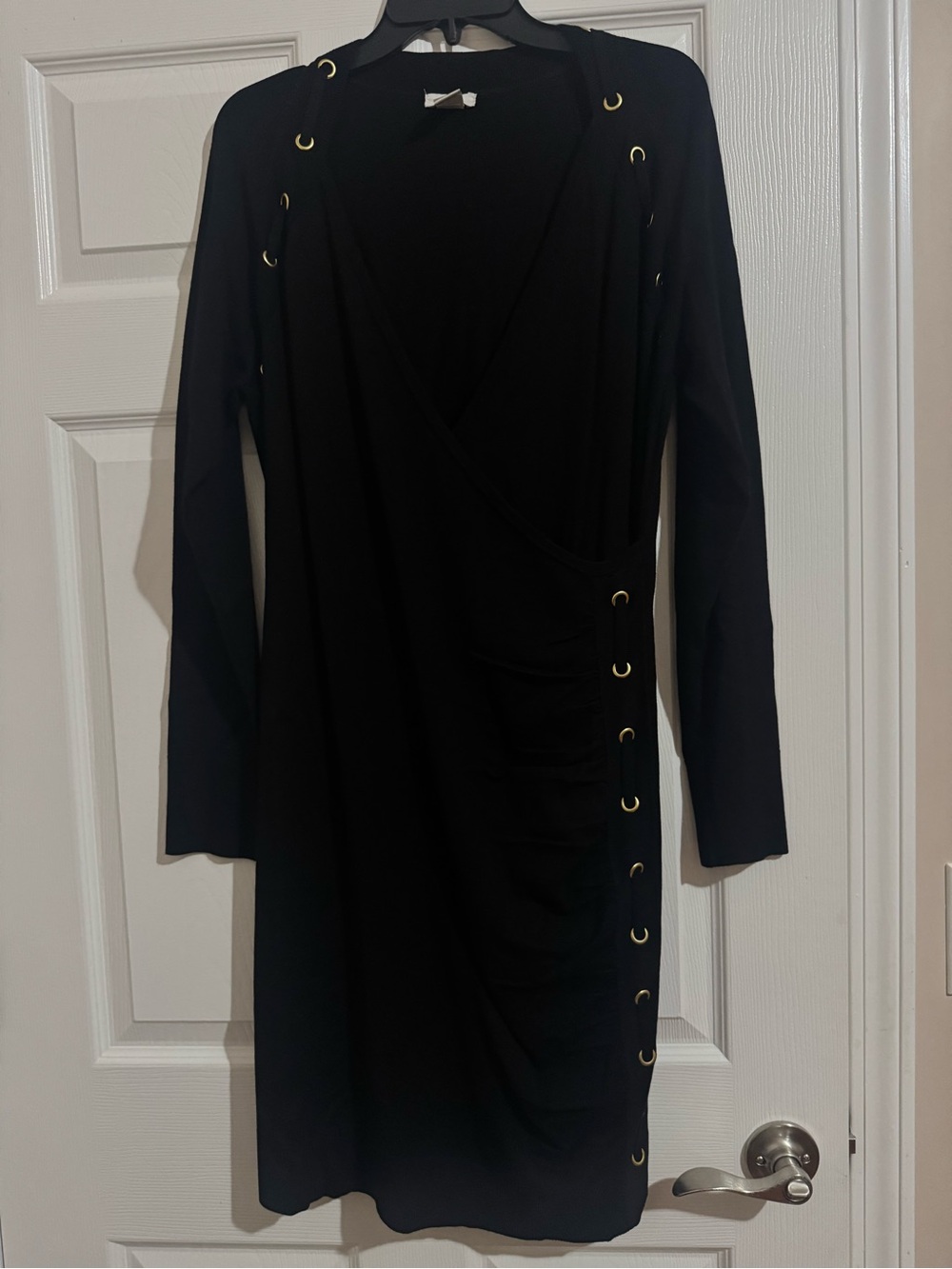 Cache Black Long-Sleeve Wrap Dress with Gold Eyelet Trim